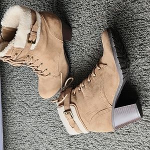 Tan Suede Booties Size 6.5 with Faux Fur and Buckle